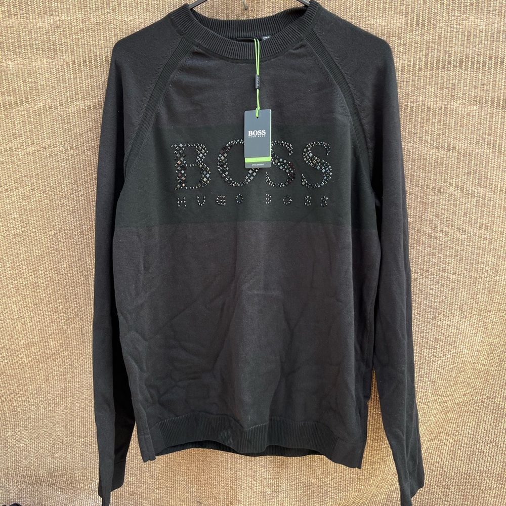 BOSS Riam Salbo Diamond rhinestone-embellished Black crewneck sweater Sz M RARE